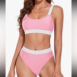 Tempt Me Women Two Piece Bikini Swimsuit  PINK AND WHITE SIZE SMALL